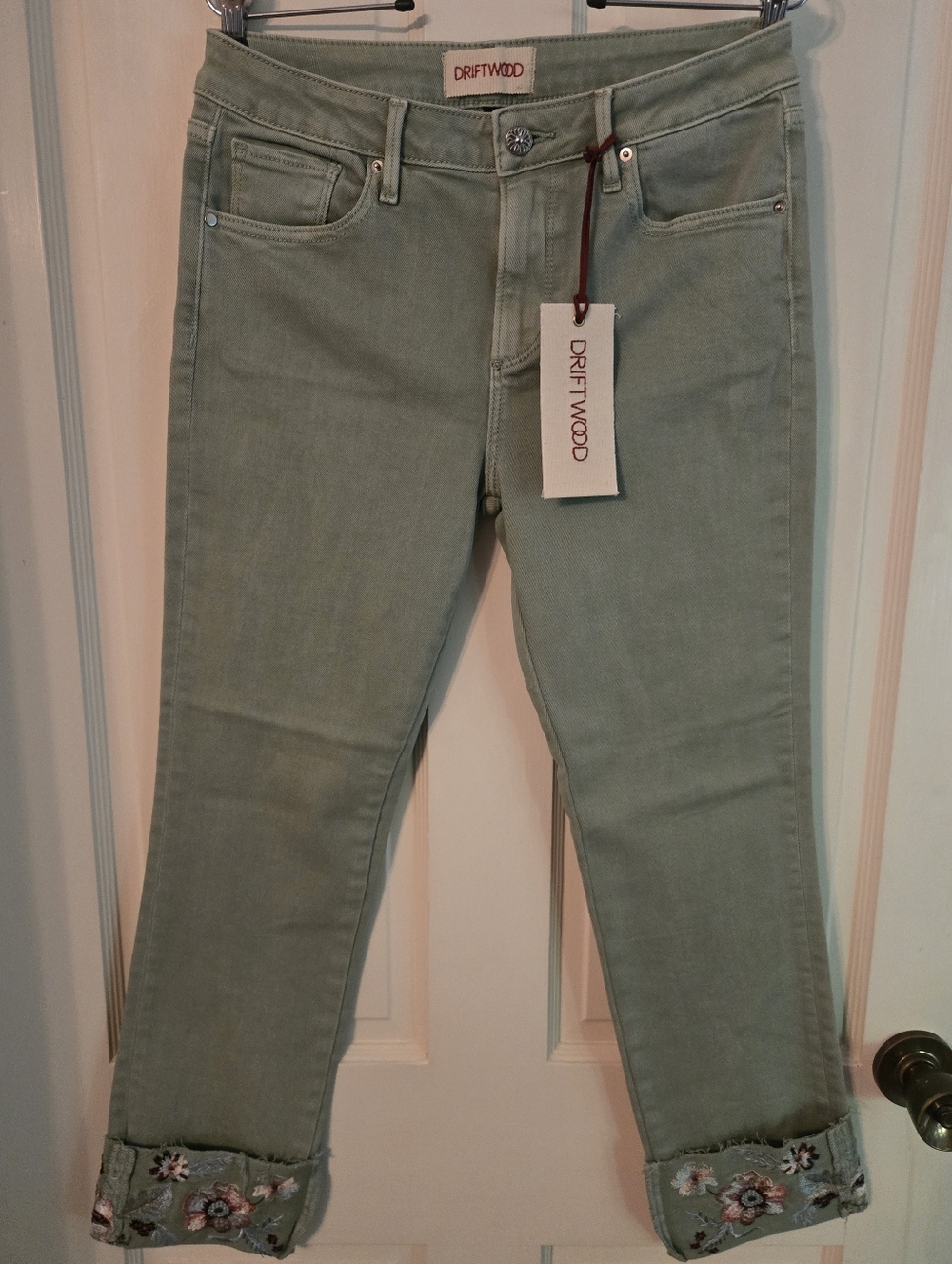DRIFTWOOD Sage Green Cropped Jeans with Embroidered Cuffs